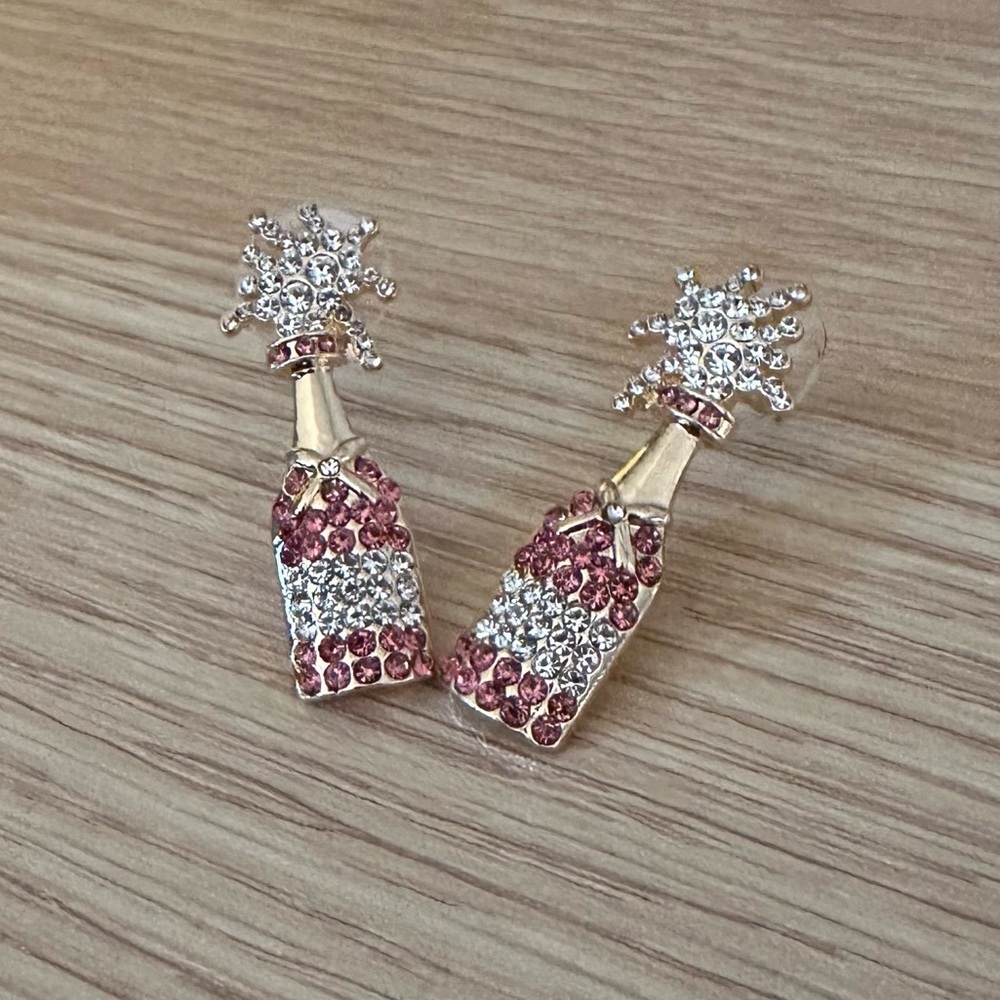 Fancy Fun Pink Champagne Sparkly NYE Party Earrings NEW - l - Picture 3 of 4